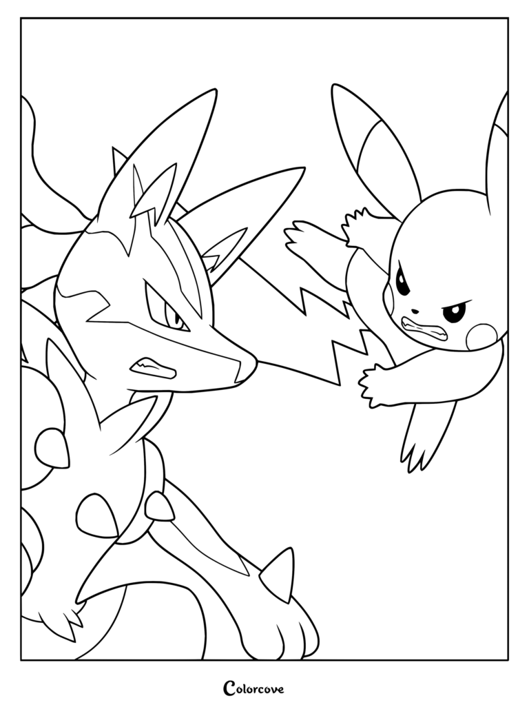 Dibujo para colorear de Pikachu contra Mega-Lucario mostrando una intensa escena de combate.
