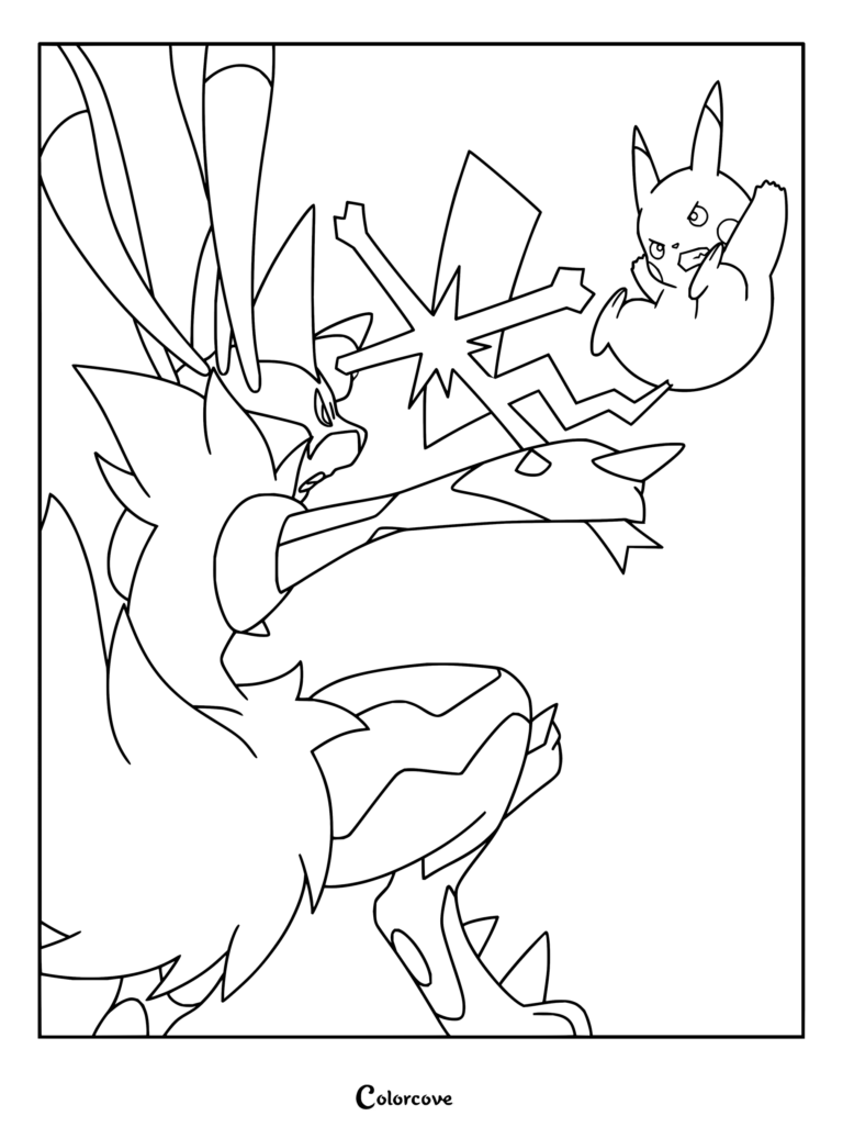 Dibujo para colorear e imprimir de Pikachu luchando contra Mega-Lucario con dinámicas líneas de acción.