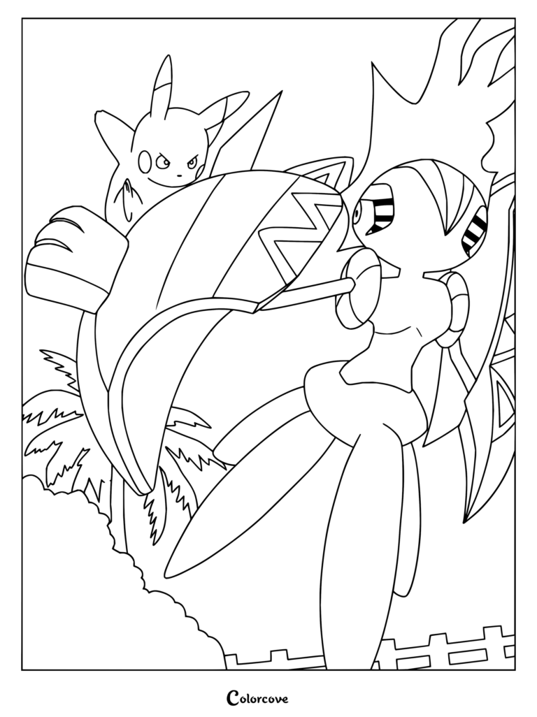 Dibujo para colorear de Pikachu contra Tapu Koko con una intensa escena de batalla en la región de Alola.