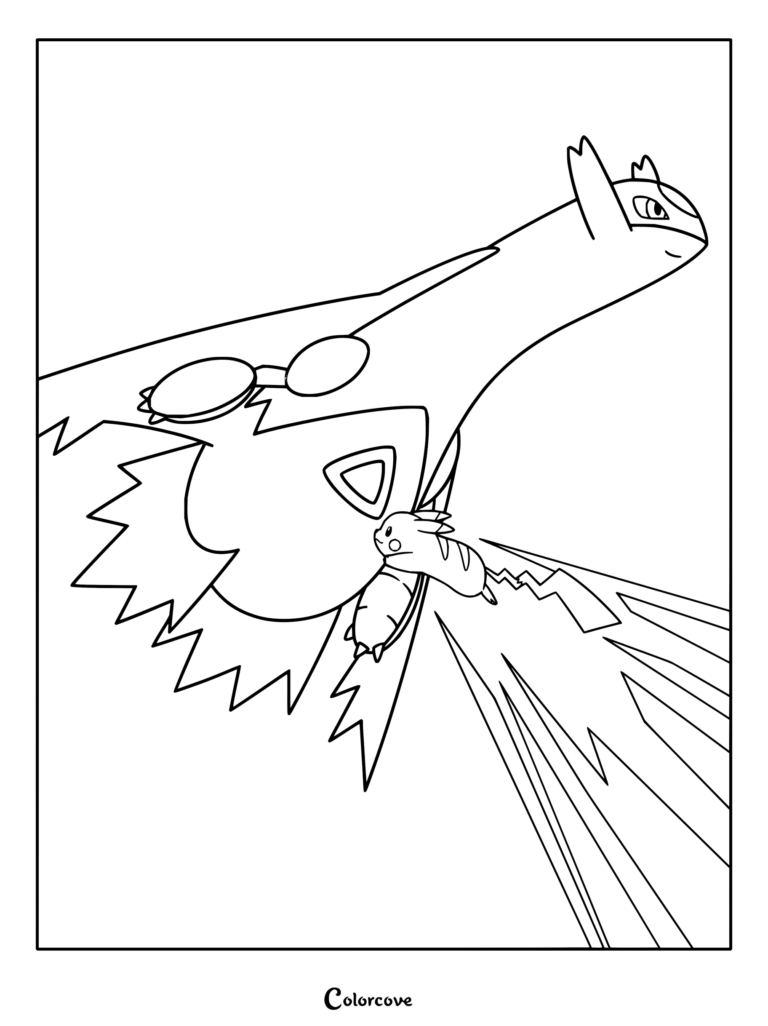 Dibujo para colorear de Pikachu contra el Latios de Tobías que recrea una dinámica escena de combate del anime.