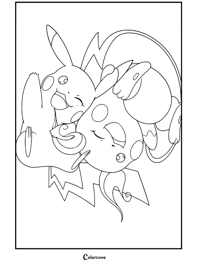 Dibujo para colorear e imprimir para niños con Pikachu y Raichu acurrucados jugando con expresiones alegres.