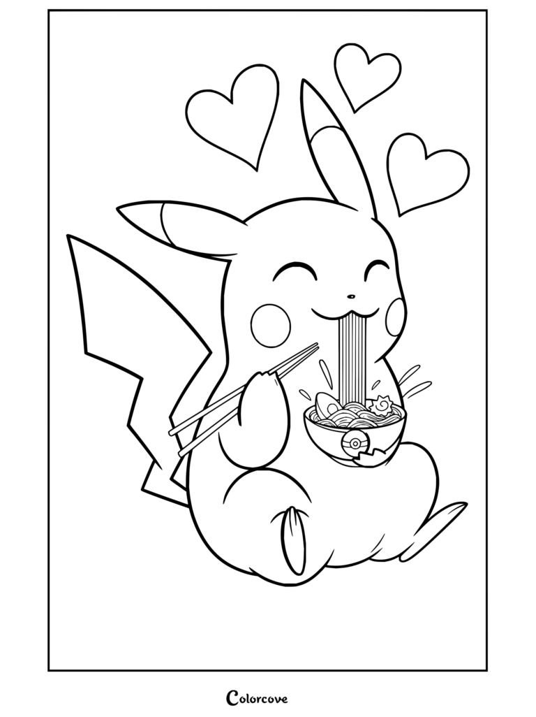 Dibujo gratuito para colorear de Pikachu mostrando al simpático ratón eléctrico comiendo fideos ramen con palillos en un cuenco con diseño de Poké Ball bajo corazones flotantes.