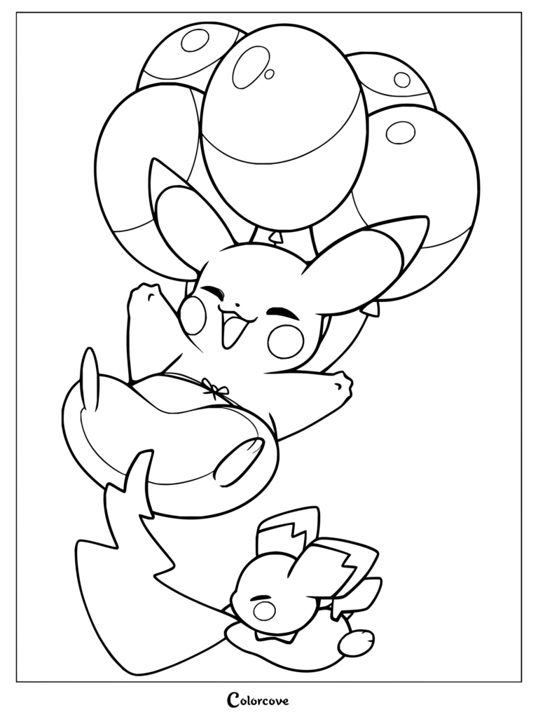 Dibujo para colorear de Pikachu volando alto con un manojo de globos de colores y Pichu abajo.
