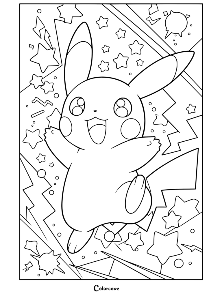 Dibujo para colorear de Pikachu saltando alegremente rodeado de estrellas y electricidad.
