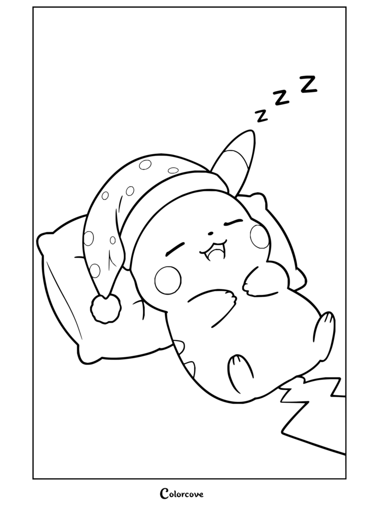 Dibujo para colorear de Pikachu durmiendo plácidamente sobre una almohada con un gorro de dormir.