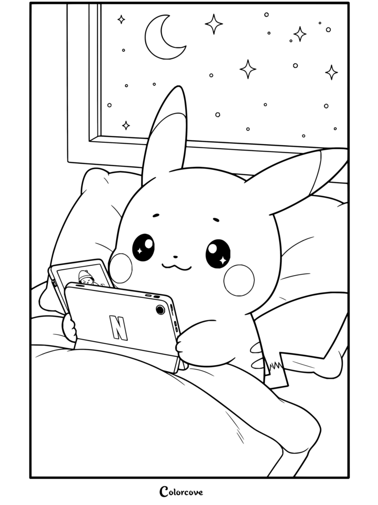 Dibujo para colorear de Pikachu viendo Netflix en una tableta en la cama por la noche.