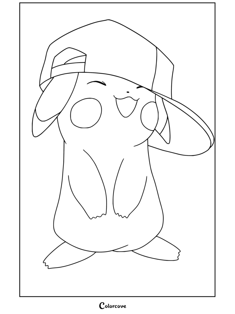 Dibujo para colorear de Pikachu sonriendo con la gorra roja de béisbol de Ash Ketchum.