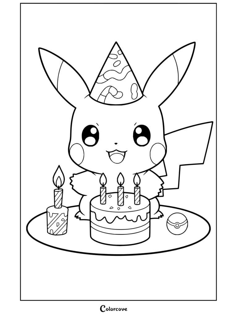 Dibujo para colorear de Pikachu con gorro de fiesta celebrando un cumpleaños con tarta y velas para niños y fans