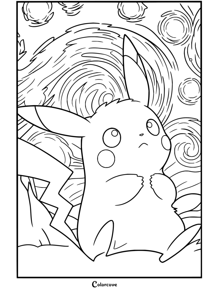 Dibujo para colorear de Pikachu al estilo del cuadro La noche estrellada de Vincent van Gogh para fans.