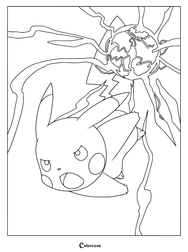 Dibujo para colorear de Pikachu lanzando el movimiento de tipo Eléctrico Bola Voltio en el anime de Pokémon.