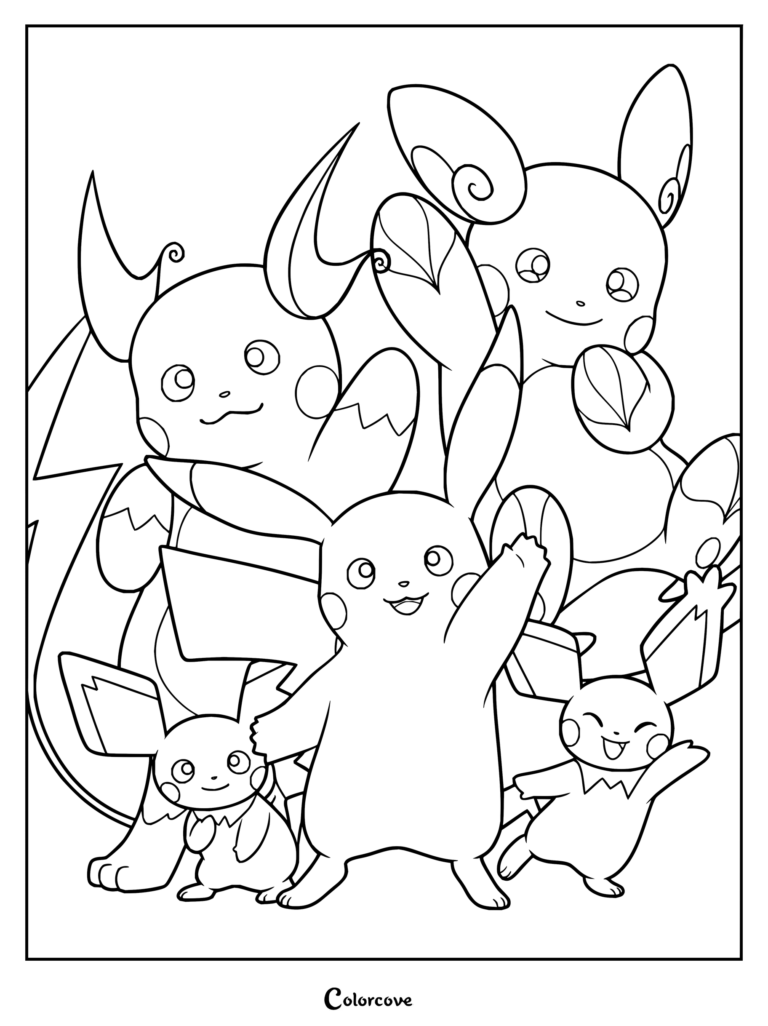 Dibujo para colorear de Pichu, Pikachu y Raichu con la línea evolutiva completa de tipo Eléctrico de la franquicia Pokémon.