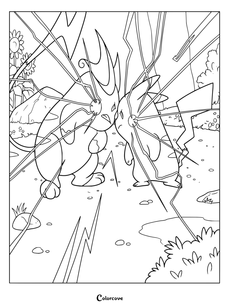 Dibujo para colorear de Pikachu y Raichu de la franquicia Pokémon enfrentándose mientras saltan chispas de electricidad entre ellos.