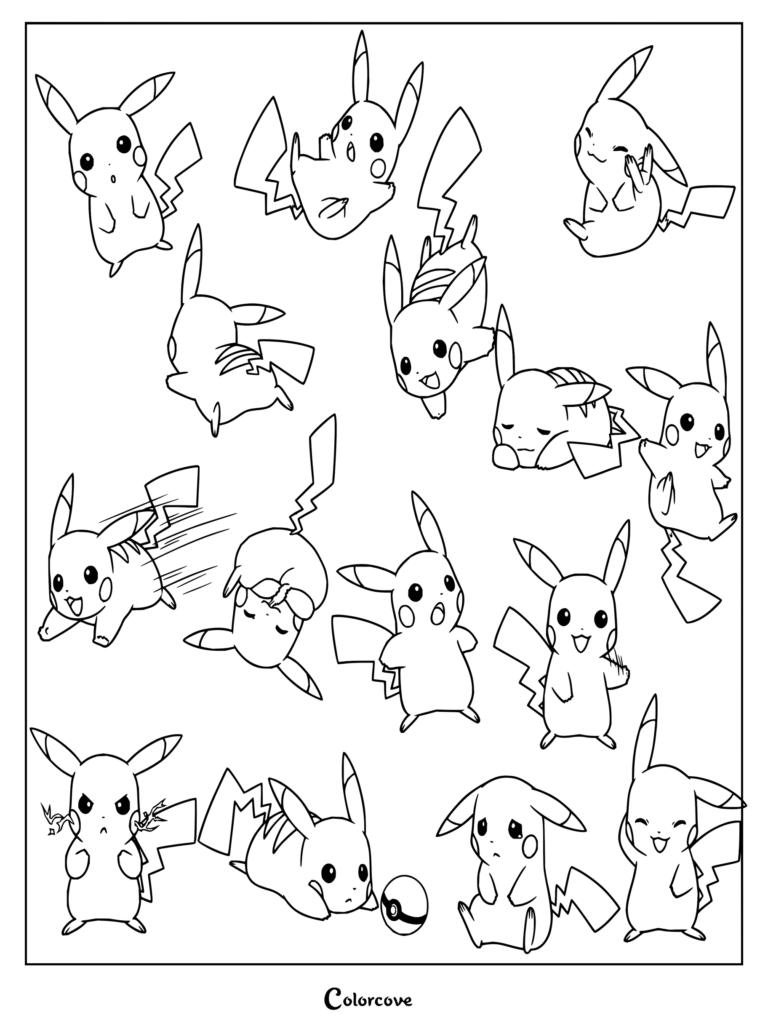 Dibujo para colorear de Pikachu con una colección de diferentes posturas y expresiones