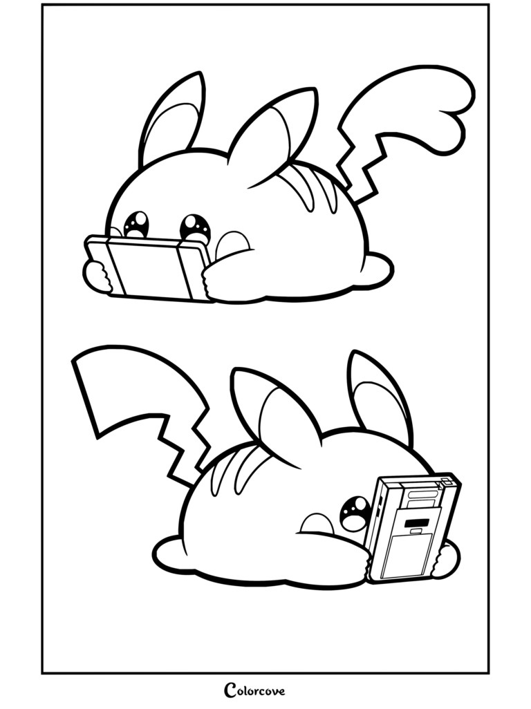Dibujo para colorear con dos Pikachu tumbados jugando a videojuegos en una Nintendo Switch y una Game Boy.
