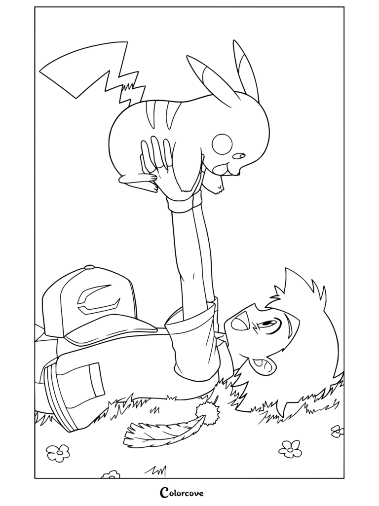 Dibujo para colorear e imprimir de Ash tumbado en la hierba mientras sostiene a Pikachu en alto.