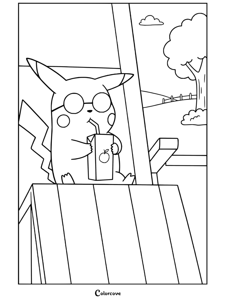 Dibujo para colorear e imprimir de Pikachu con gafas redondas bebiendo zumo de un cartón en una azotea con un árbol y una valla de fondo.