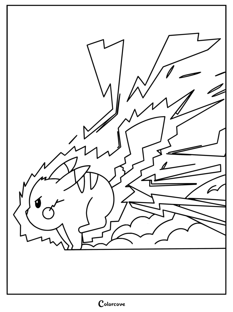 Dibujo para colorear de Pikachu mostrando al ratón eléctrico desatando un poderoso ataque de Rayo con relámpagos brillando de fondo.