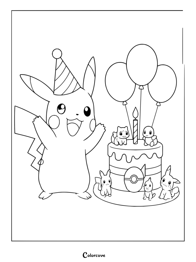 Dibujo para colorear e imprimir de una fiesta de cumpleaños de Pikachu con una tarta de celebración, globos y amigos.