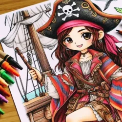 Coloring page featuring an adorable pirate girl with a hat, colorful attire, and a ship background, surrounded by crayons.