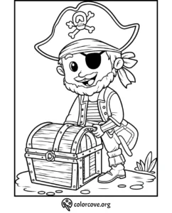 Pirate coloring page with a smiling pirate holding a treasure chest, ideal for kids' coloring activities.
