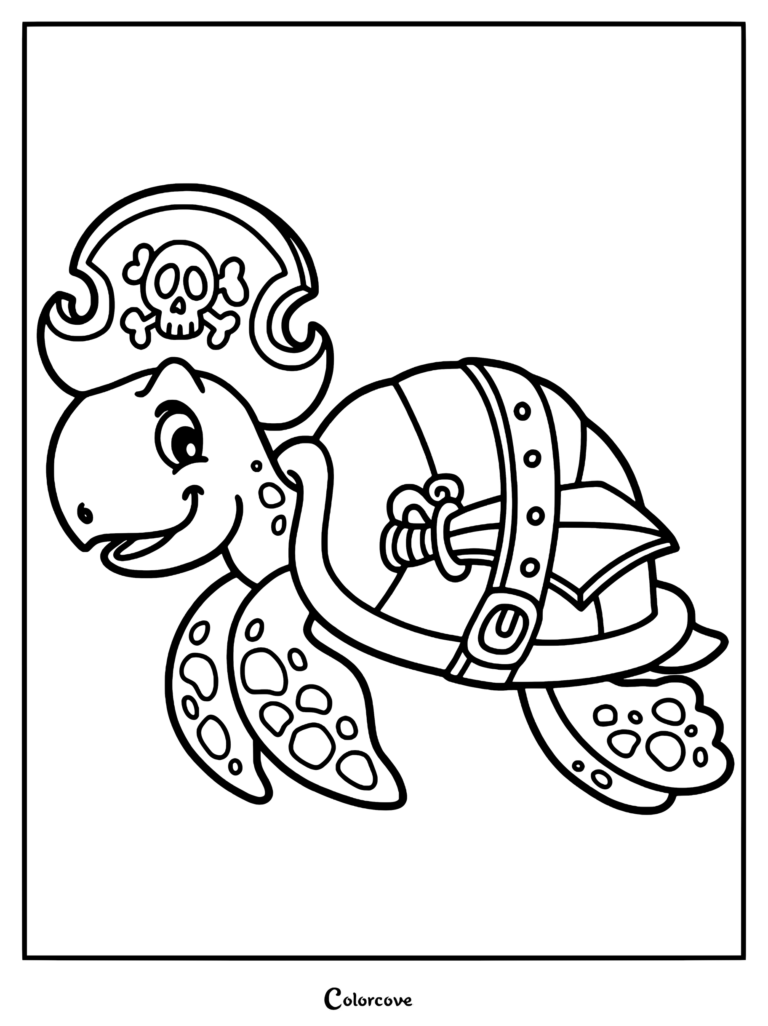 A cute sea turtle wearing a skull and crossbones pirate hat with a sword strapped to its shell in this printable coloring page.