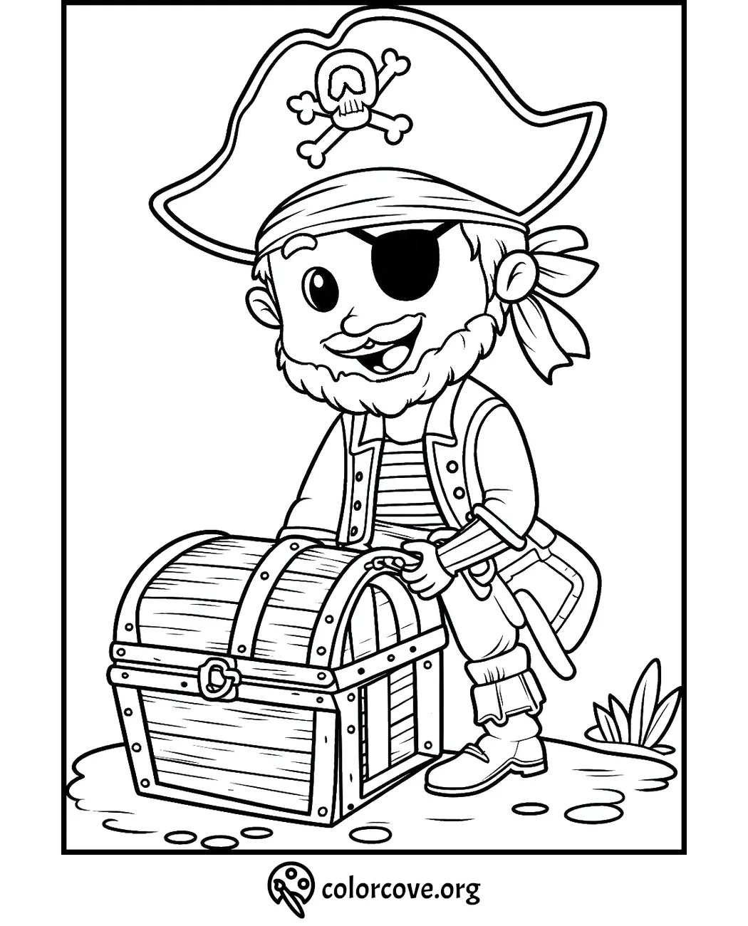 Pirate coloring page with a smiling pirate holding a treasure chest, ideal for kids' coloring activities.