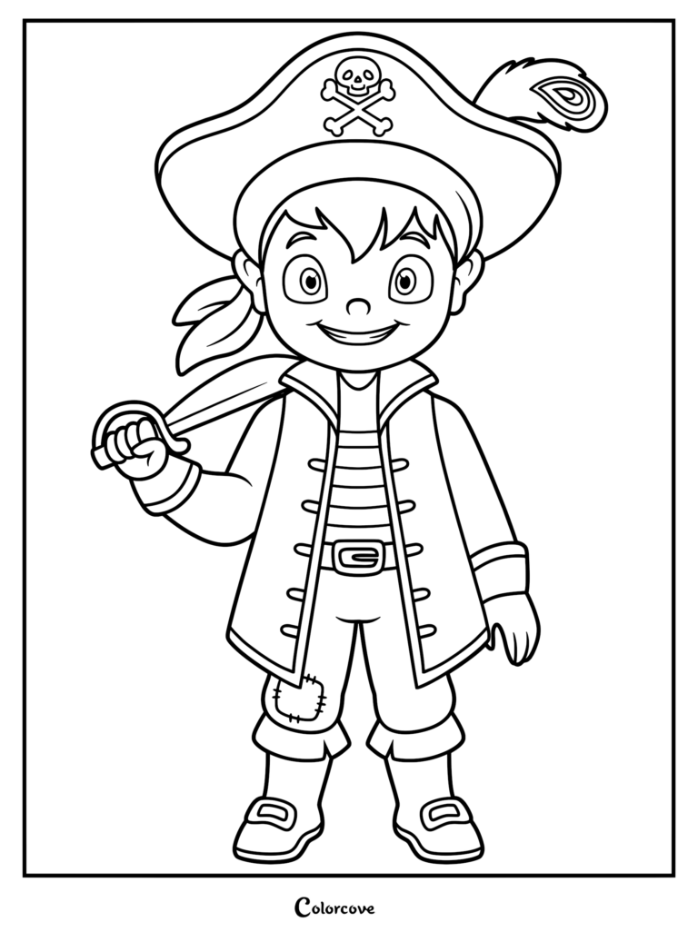 A young boy dressed as a pirate wearing a skull and crossbones hat with a feather, holding a sword, coloring page.