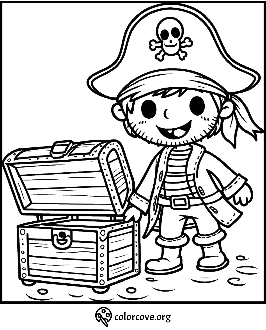 Pirate coloring page for kids featuring a happy pirate with a treasure chest. Fun printable coloring activity from colorcove.org.