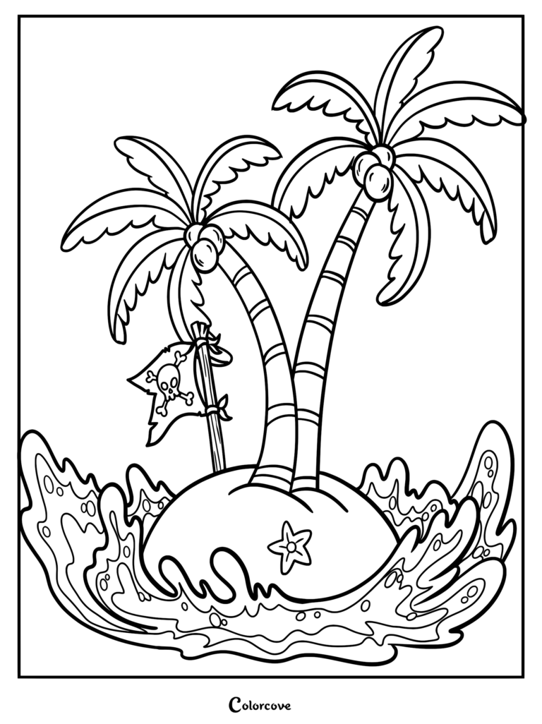 A desert island coloring page featuring two palm trees, a skull and crossbones pirate flag, and a starfish on the sandy shore surrounded by ocean waves.