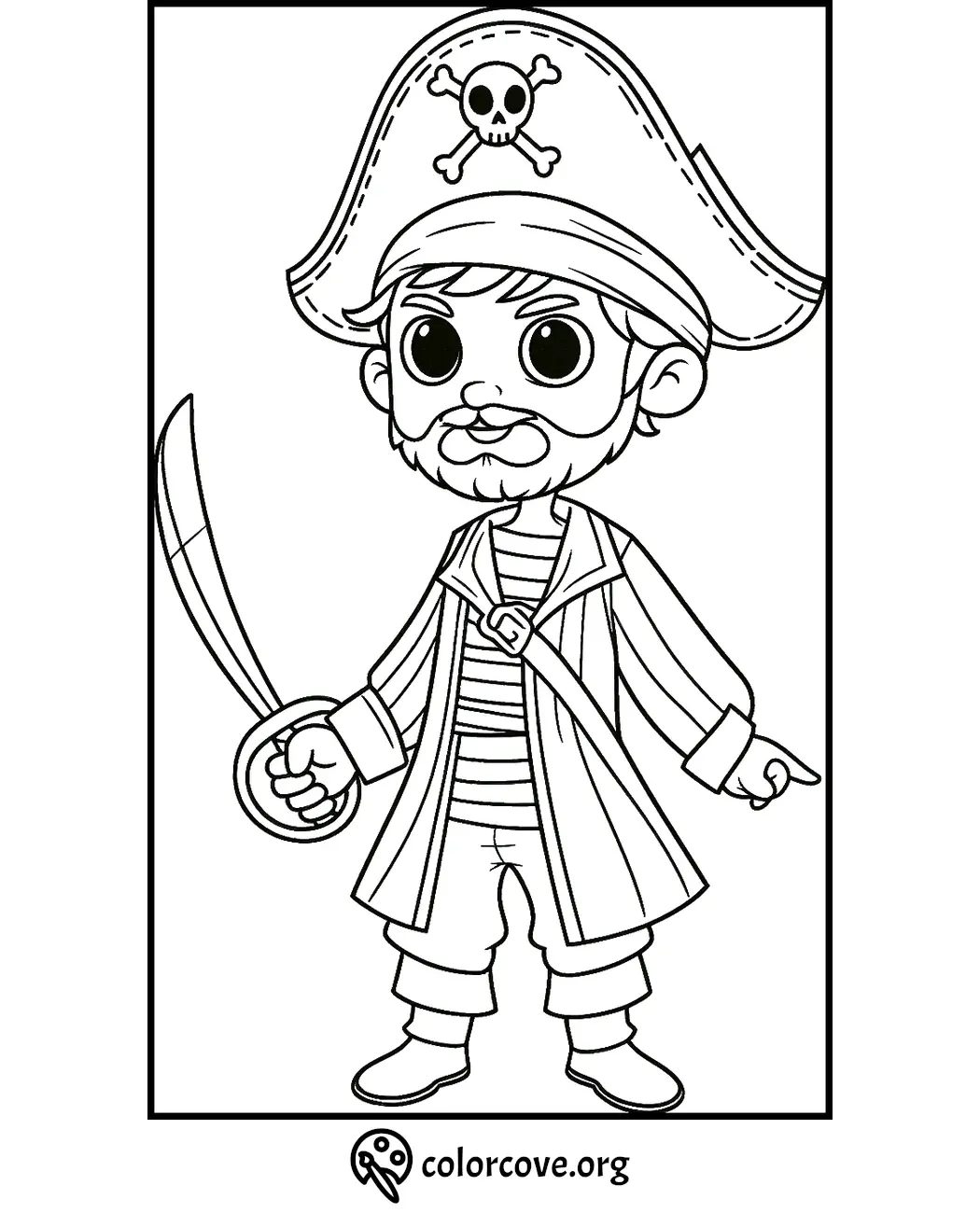 Pirate coloring page featuring a cartoon pirate with a sword and hat, ready for kids to color.