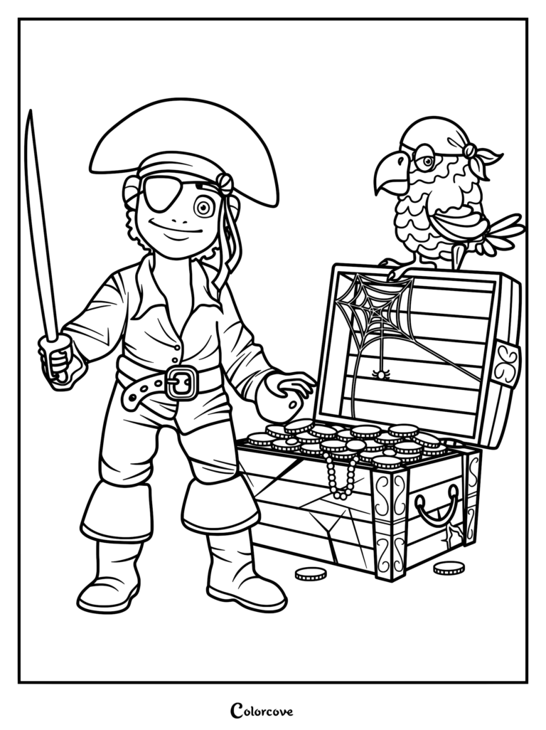 A pirate holding a sword standing next to a treasure chest with a parrot on top, coloring page.