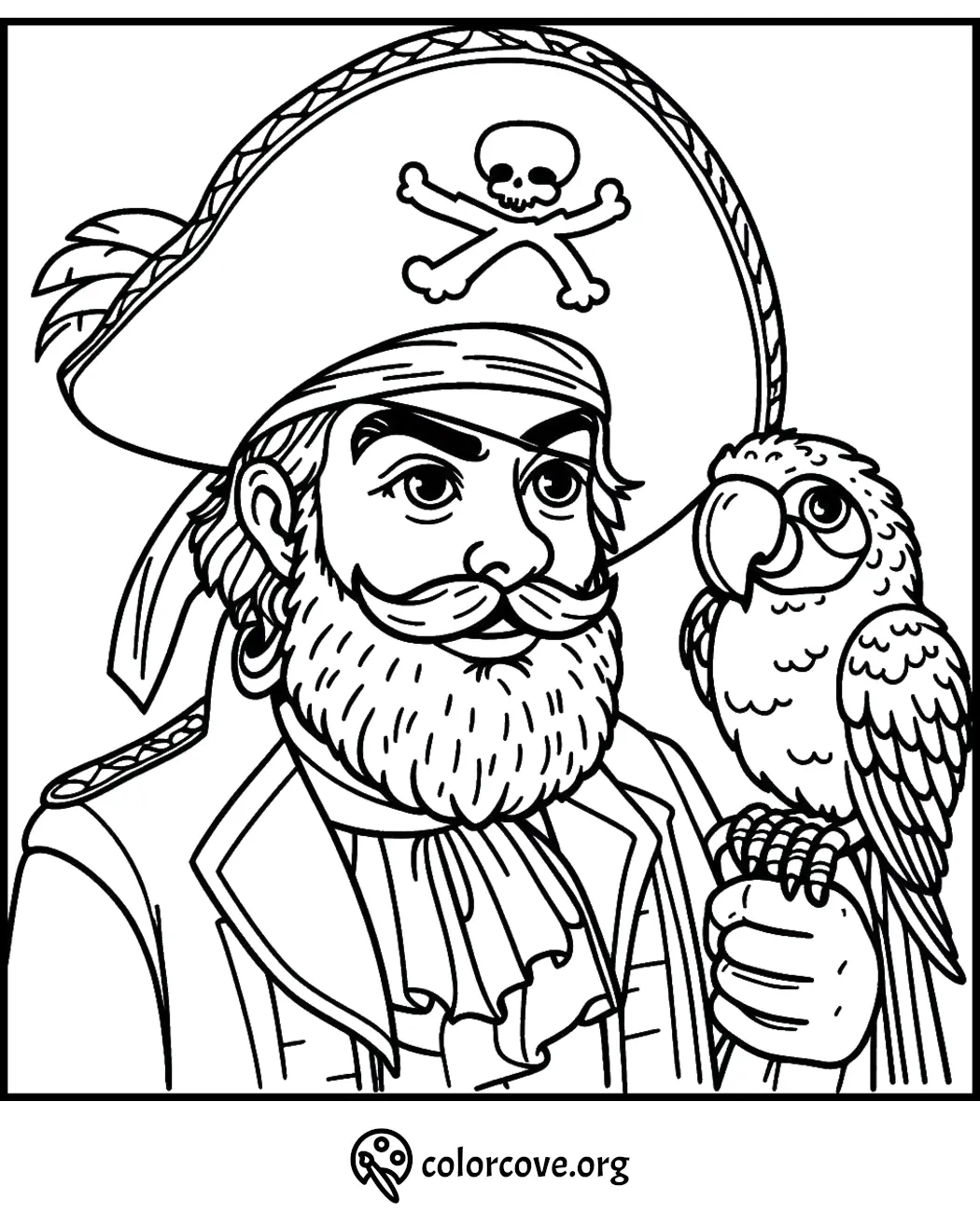 Pirate coloring page featuring a pirate with a parrot on his shoulder, wearing a hat with a skull and crossbones.