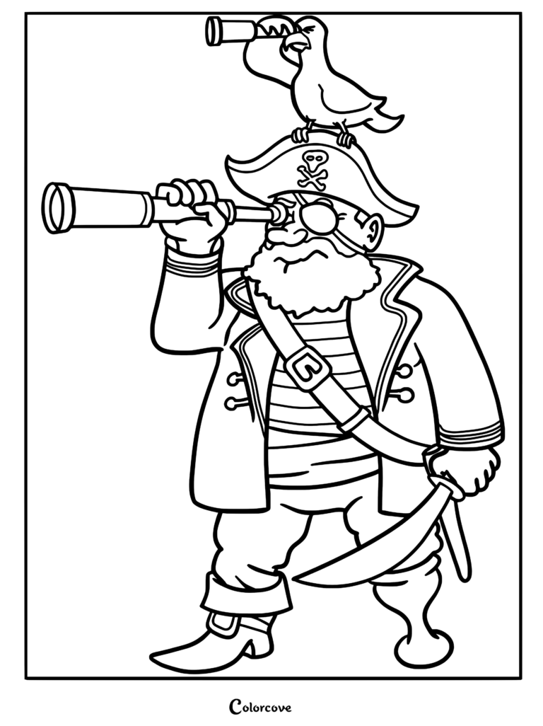 A pirate captain with a beard, eyepatch, and skull hat looking through a spyglass with a parrot on his head holding its own spyglass in this coloring page.