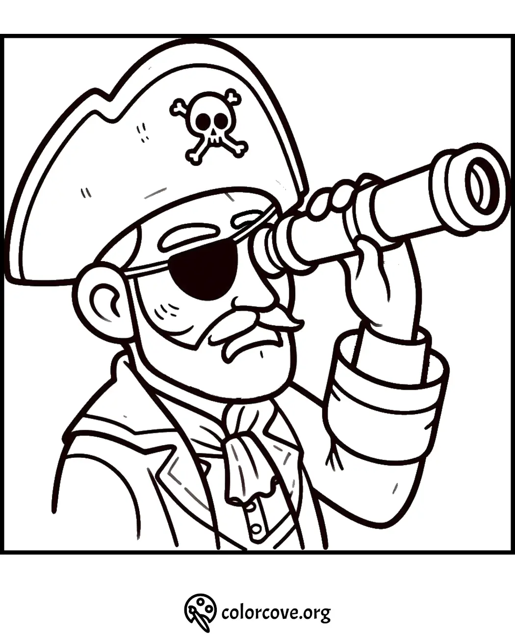 Pirate coloring page featuring a pirate with an eyepatch looking through a telescope, great for kids' activities.