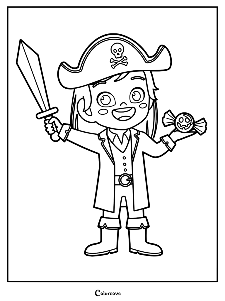 A happy child dressed as a pirate wearing a skull and crossbones hat, holding a toy sword and a jack-o'-lantern candy, coloring page.