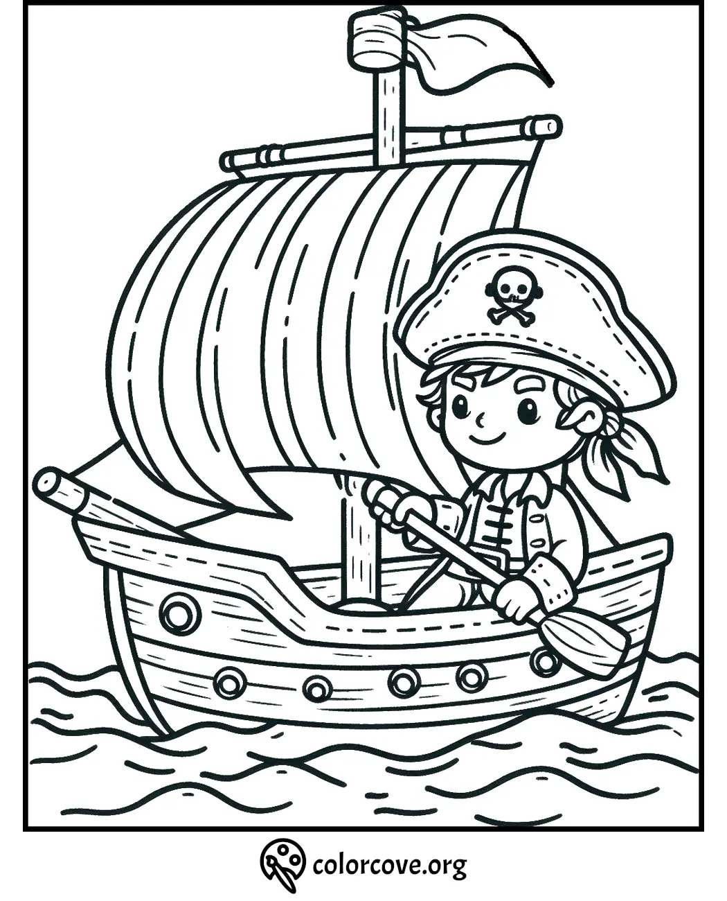 Coloring page of a smiling pirate boy in a hat with a skull, rowing a boat with large sails on the ocean waves.