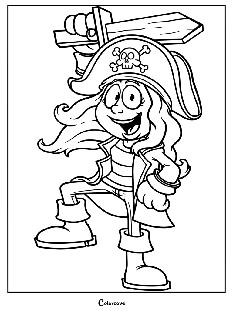 A happy girl pirate wearing a skull and crossbones hat and holding a wooden sword in this printable coloring page.