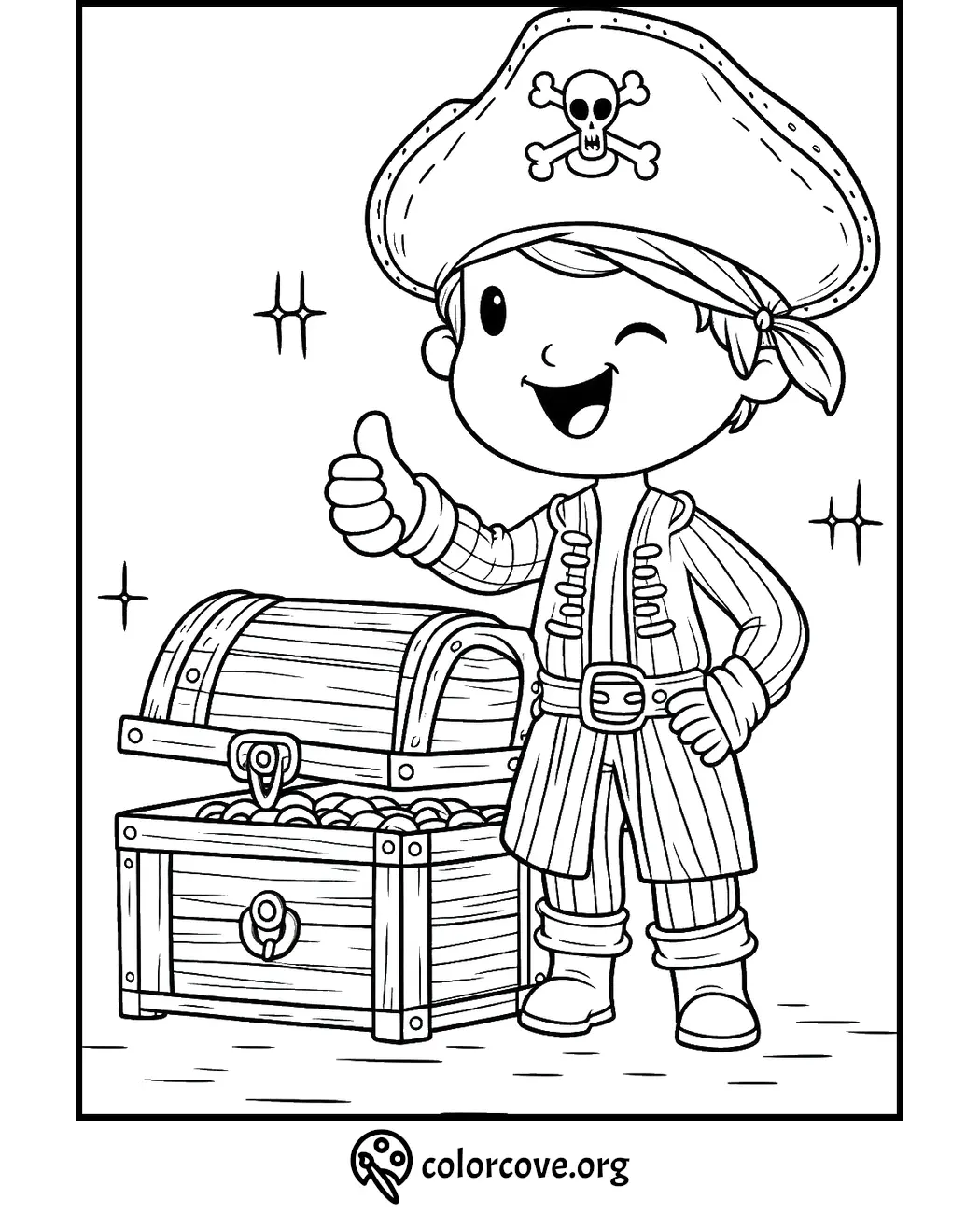 Fun pirate coloring page for kids with a winking pirate, treasure chest, and stars. Download at colorcove.org for free!