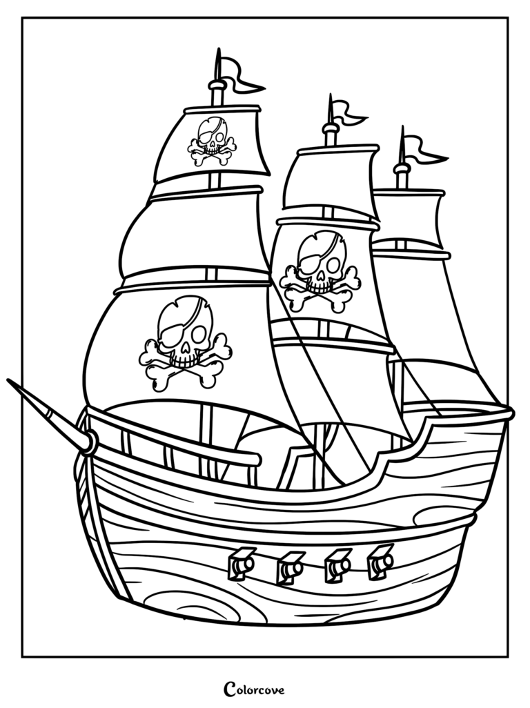 A detailed pirate ship coloring page featuring three masts with skull and crossbones flags and cannons on the side.