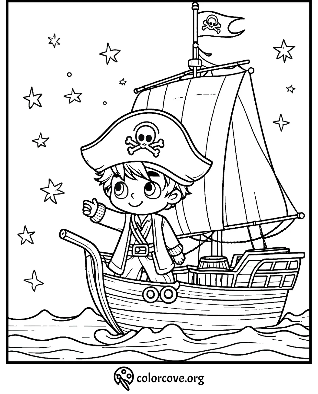 Coloring page of a cute pirate boy on a ship with a skull flag, starry night sky, and waves. Perfect for kids to color.