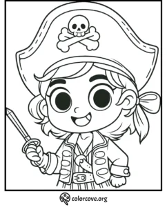 Coloring page of a cheerful pirate child holding a sword, wearing a skull and crossbones hat. Download at colorcove.org.