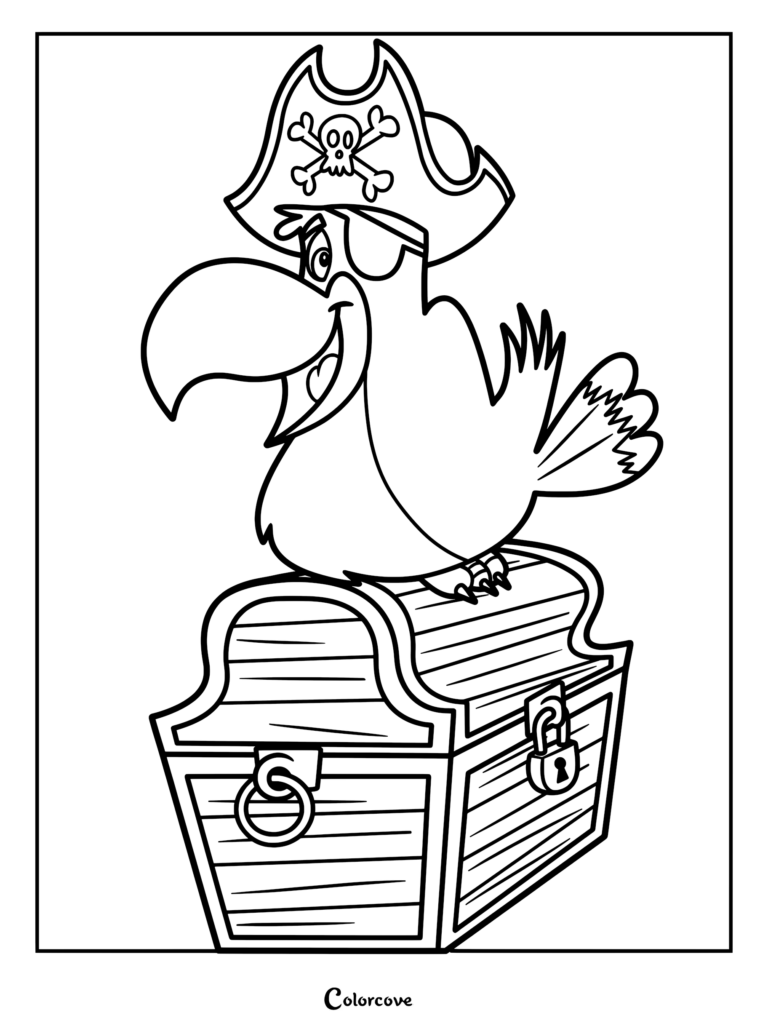 A cartoon pirate parrot wearing a skull and crossbones hat sitting on a locked wooden treasure chest coloring page.