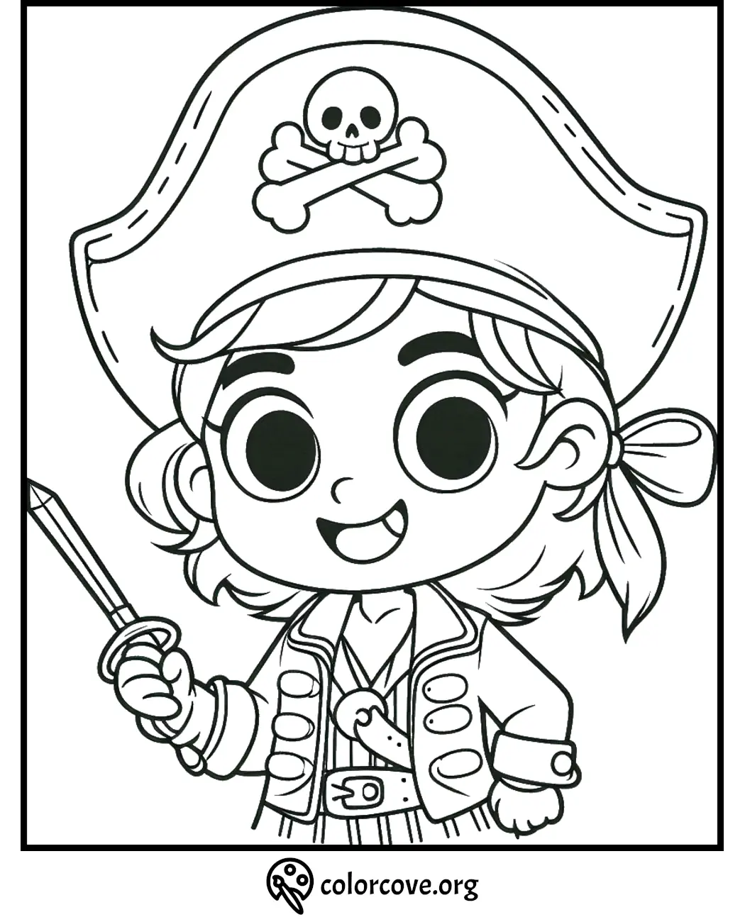 Coloring page of a cheerful pirate child holding a sword, wearing a skull and crossbones hat. Download at colorcove.org.