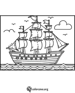 Coloring page featuring a classic sailing ship with three masts on the ocean, accompanied by birds and clouds in the sky.