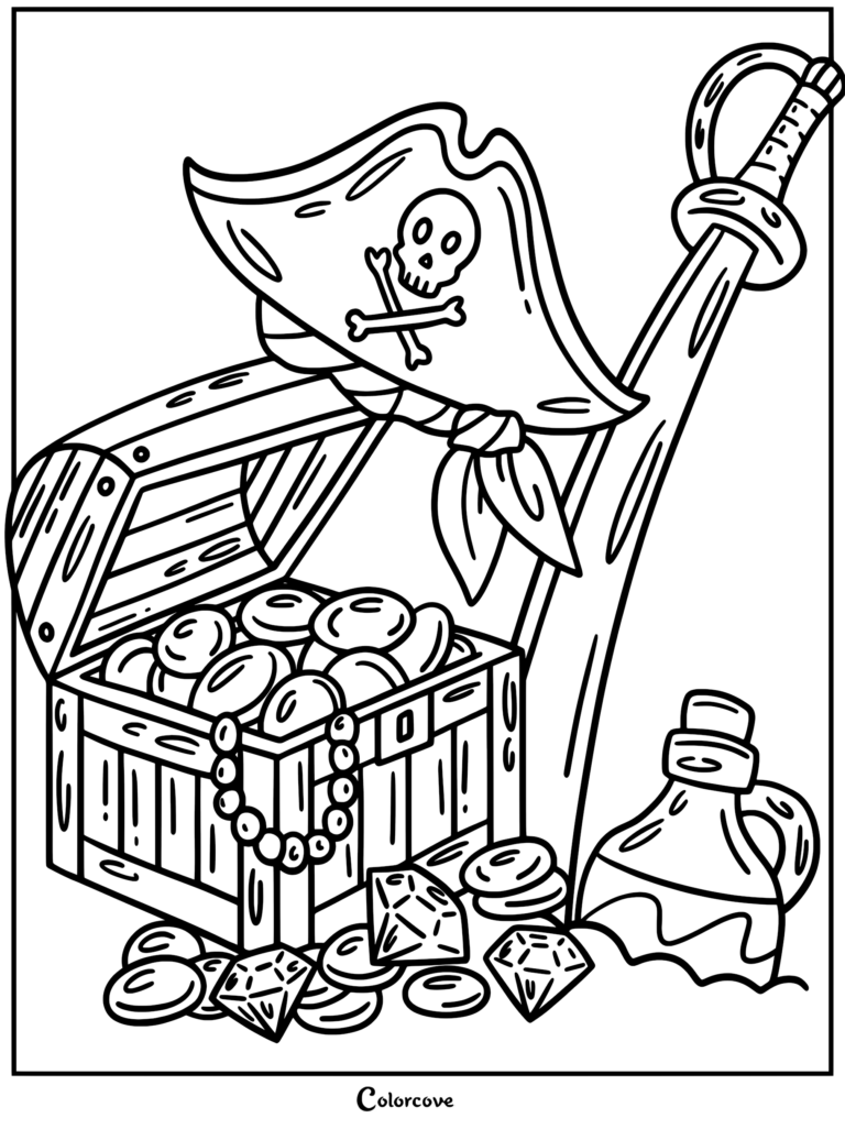 A pirate treasure chest filled with gold coins, diamonds, a skull and crossbones hat, and a sword in a coloring page format.