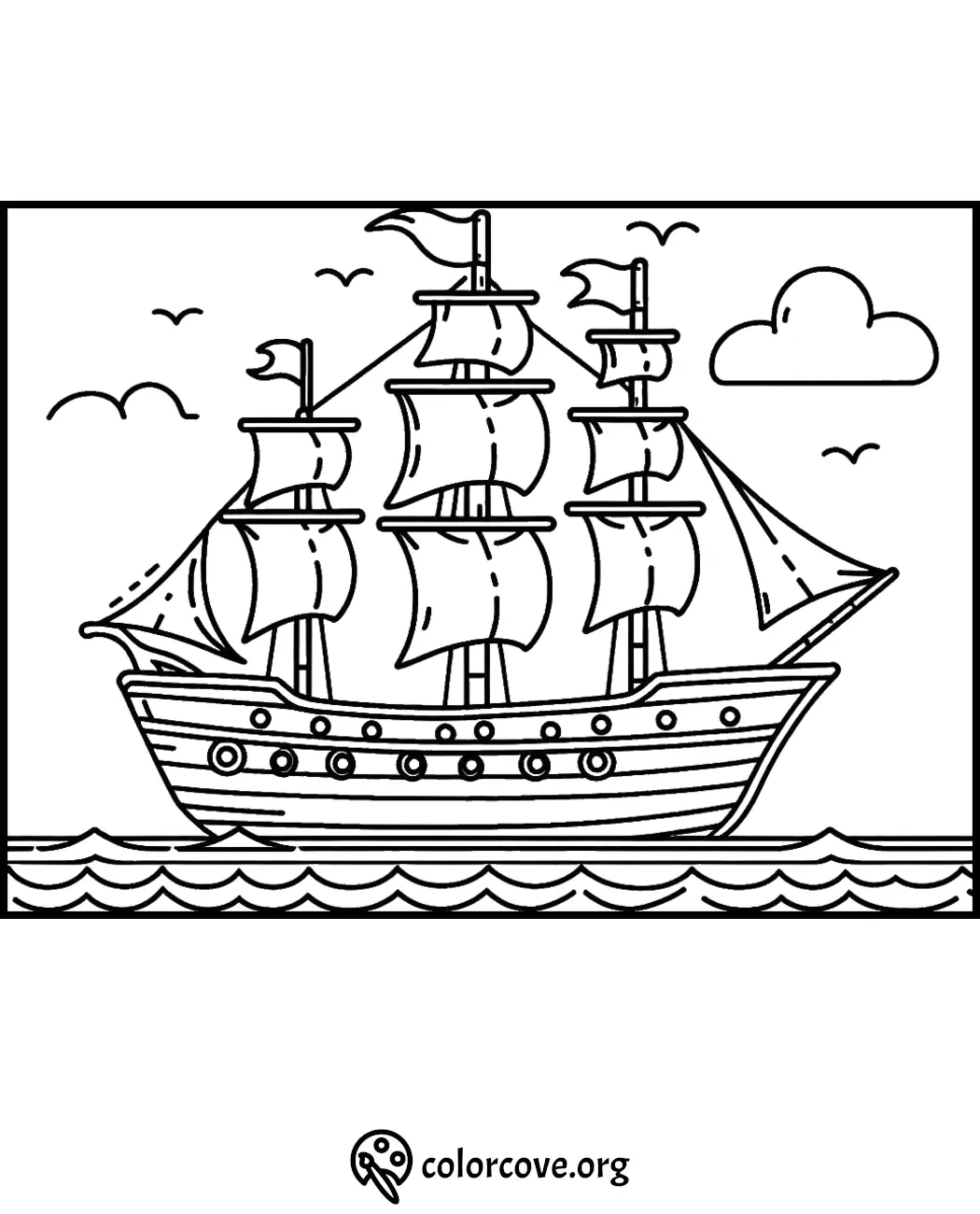 Coloring page featuring a classic sailing ship with three masts on the ocean, accompanied by birds and clouds in the sky.