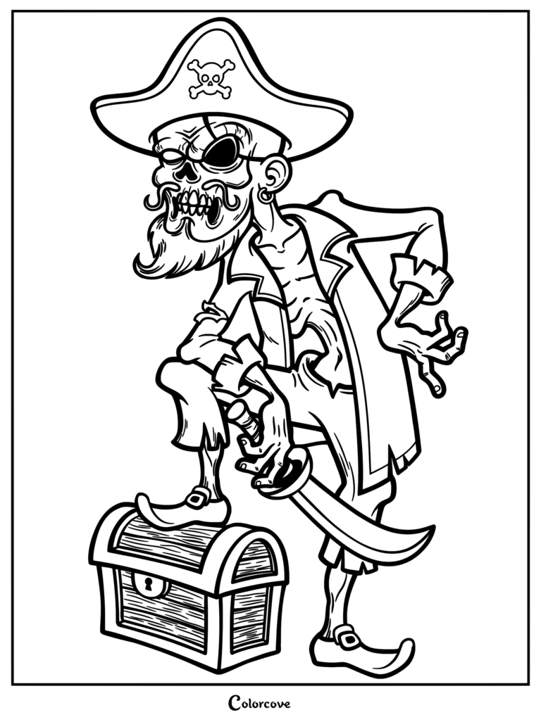 A skeleton pirate wearing a skull-and-crossbones hat and eye patch standing with one foot on a treasure chest, holding a cutlass, coloring page.