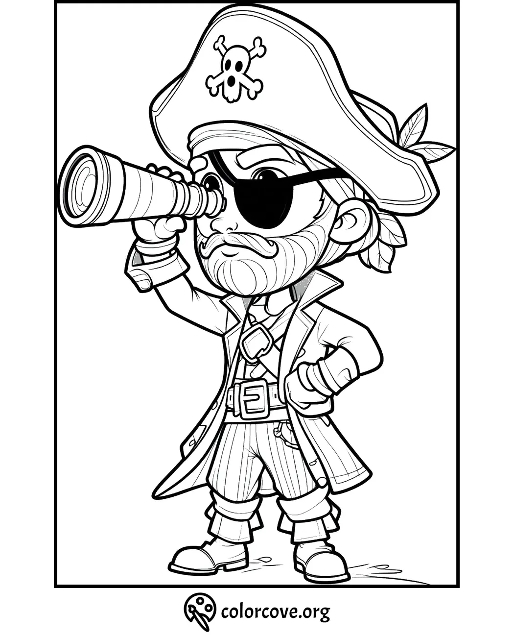 Coloring page of a pirate with an eye patch and telescope, looking ahead. Perfect for kids who love pirate adventures!