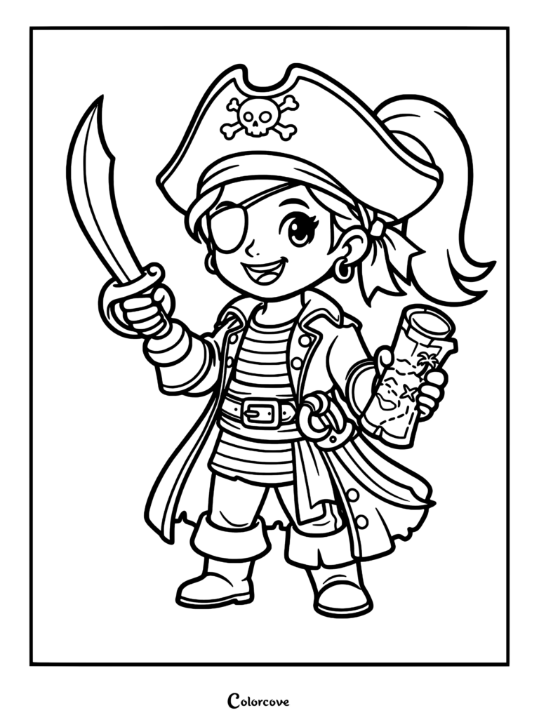 A cute girl pirate wearing a skull hat and eye patch holding a sword and treasure map coloring page