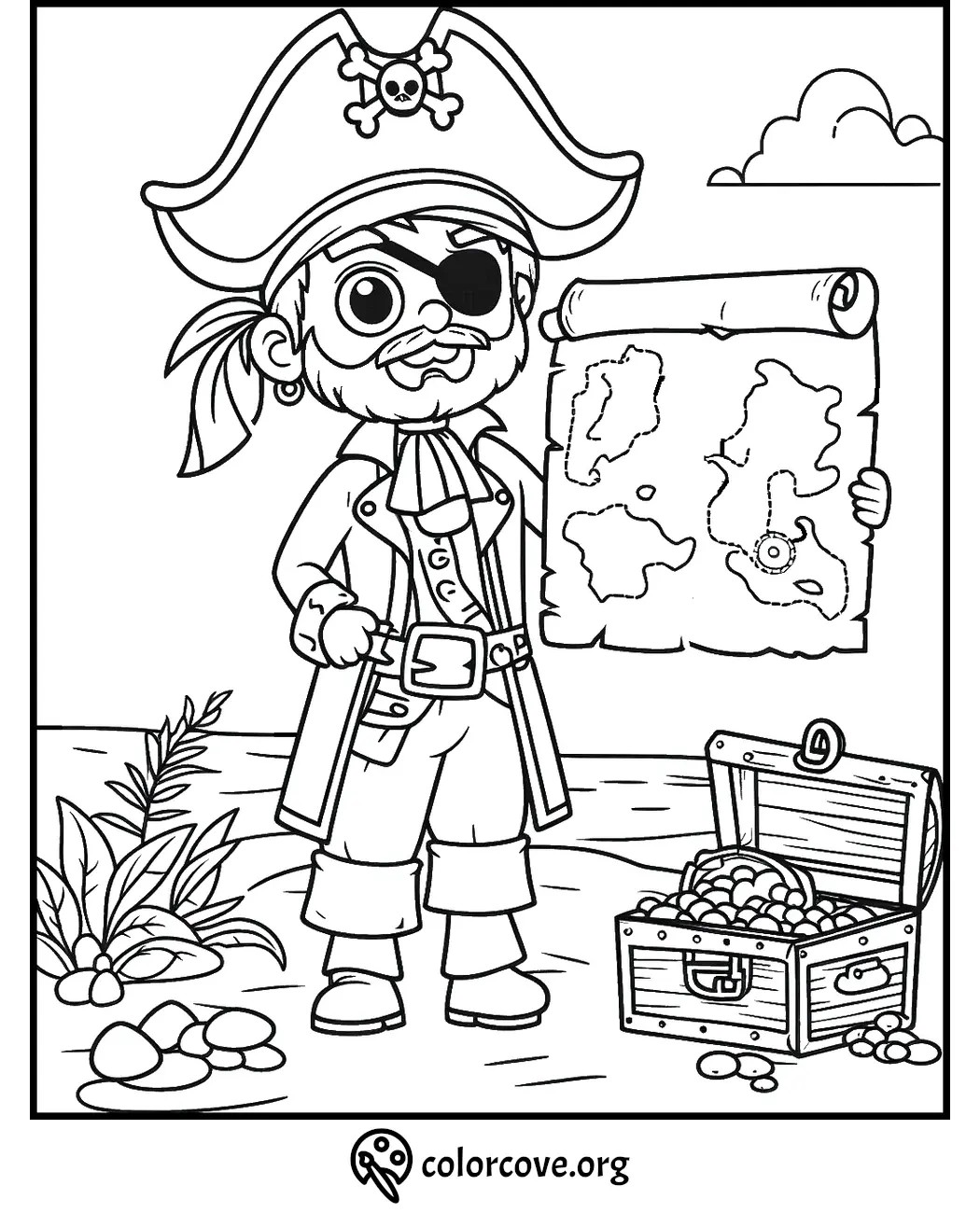 Pirate coloring page: Pirate with an eyepatch holding a treasure map beside an open chest of gold on the beach.